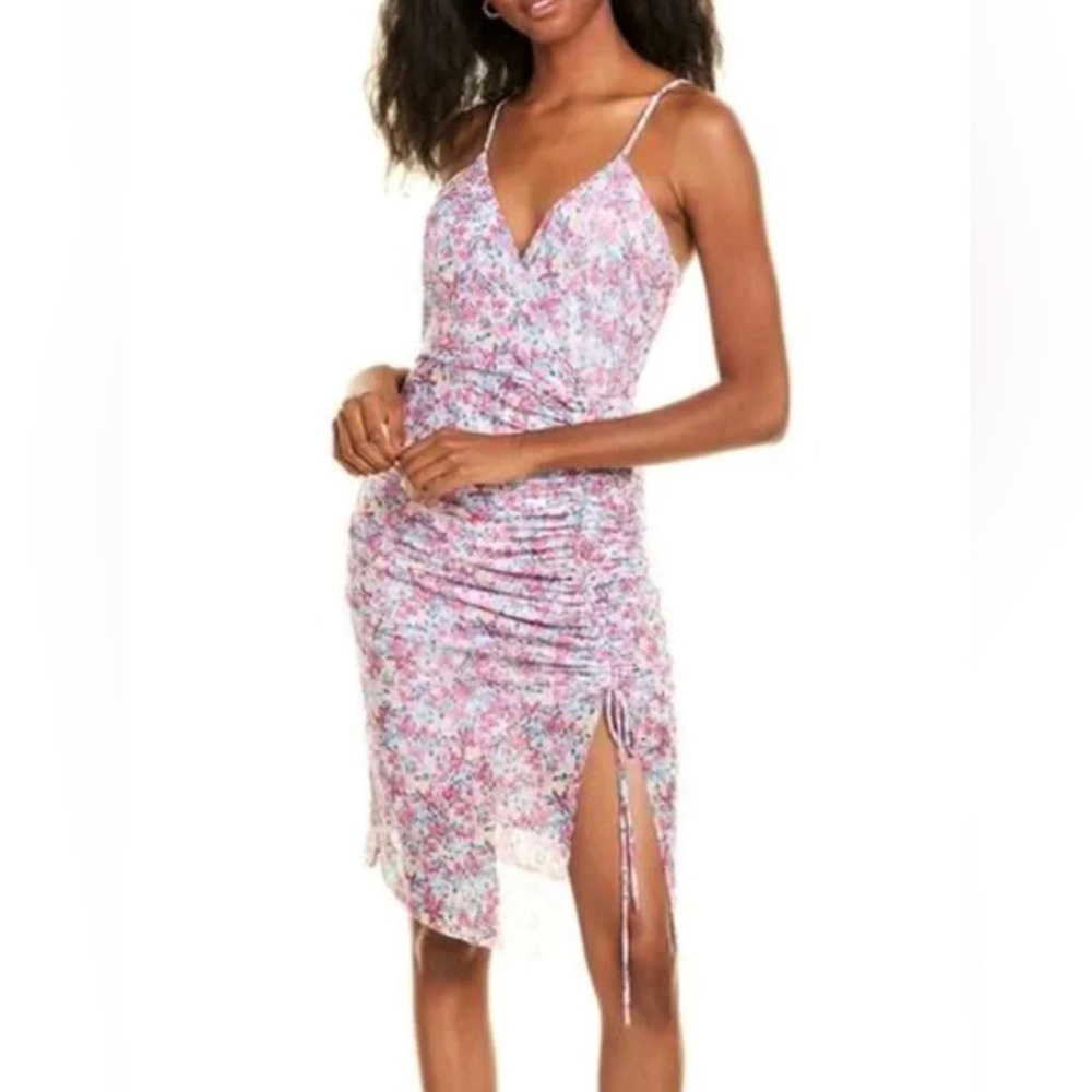 BCBGeneration Floral Print Ruched Surplice V-neck Front Slit Mini Dress